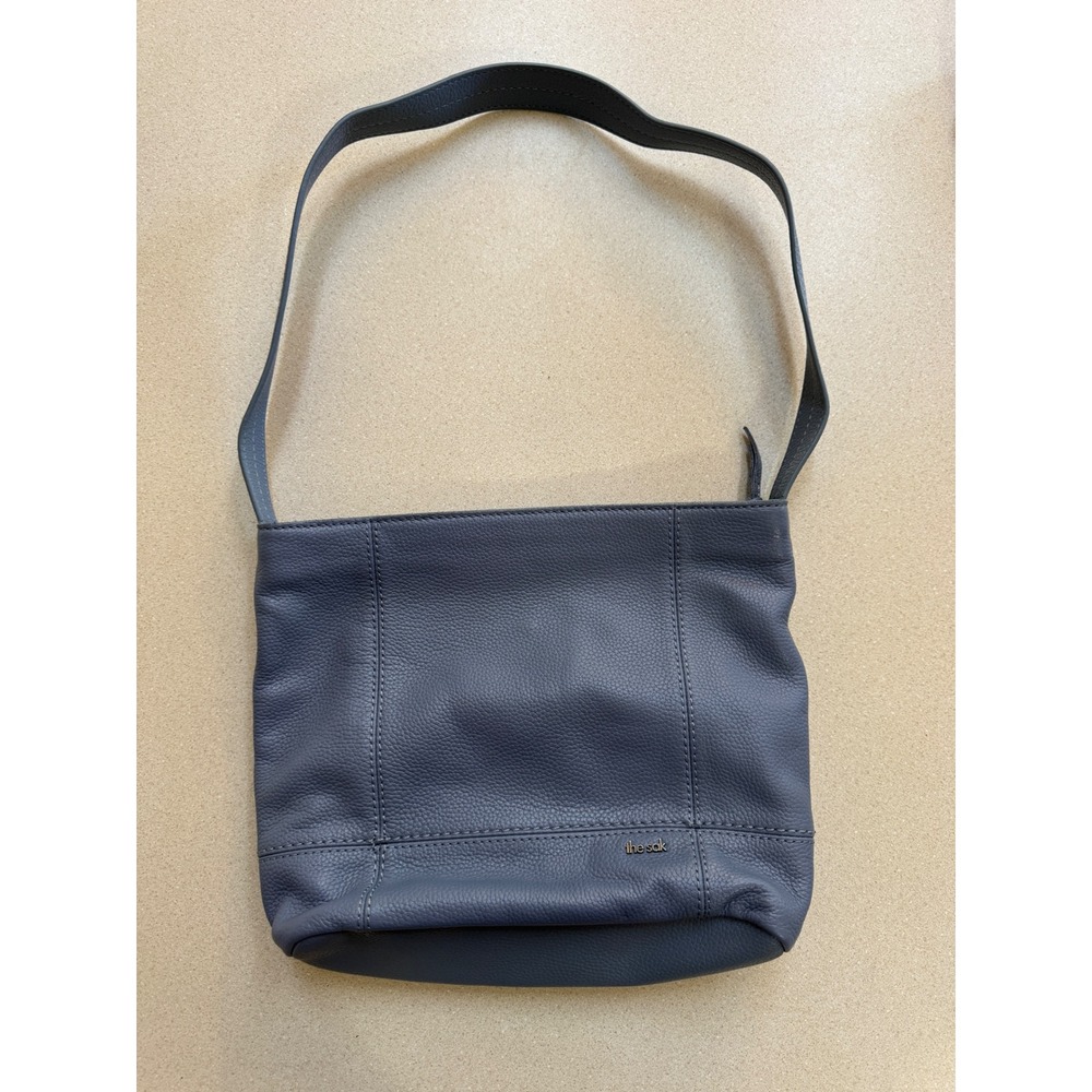 The Sak Slate Blue Pebbled Leather Shoulder Bag Zip Top Hobo Minimalist